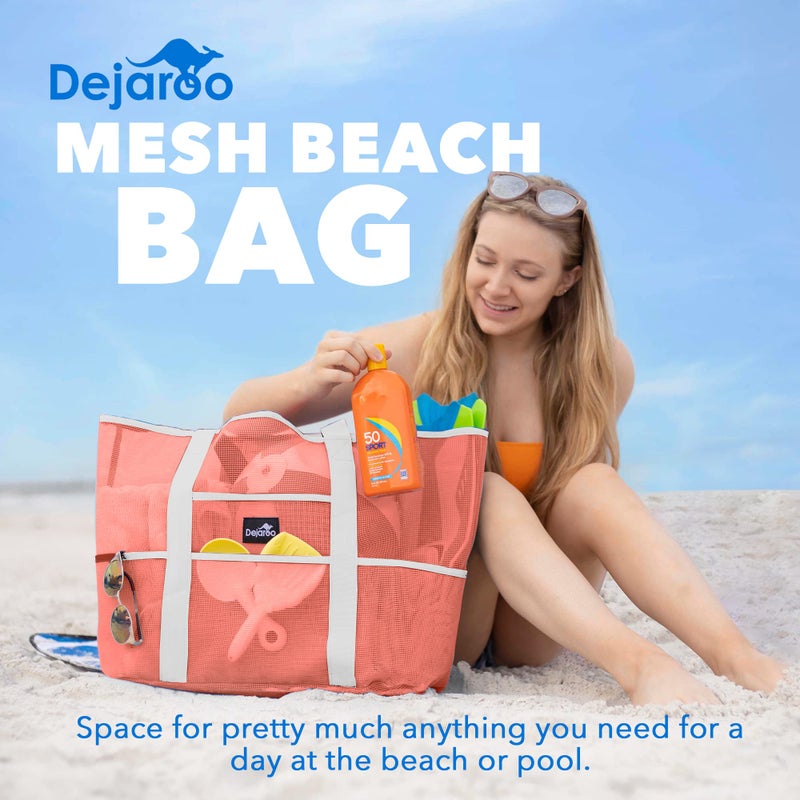 Dejaroo - Sand Free Mesh Bag - Strong Lightweight Tote For Beach & Vacation Essentials. Tons of Storage with 8 Pockets, Foldable, 17x9x15 inches, Peach with White Straps - Image 2